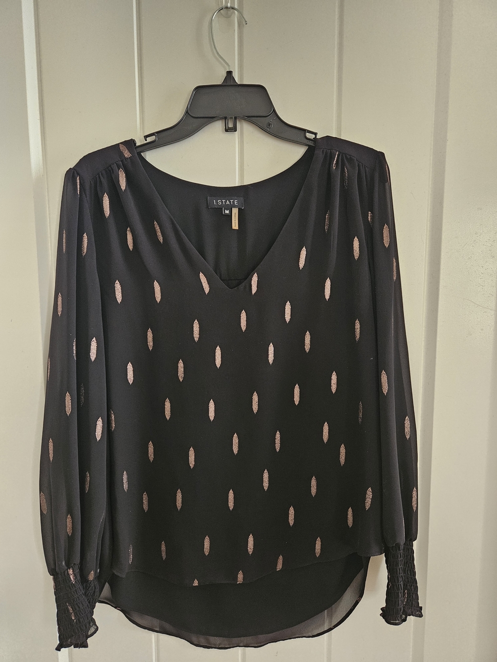 1. State Black V-Neck Long-Sleeve Blouse with Rose Gold Dot Pattern